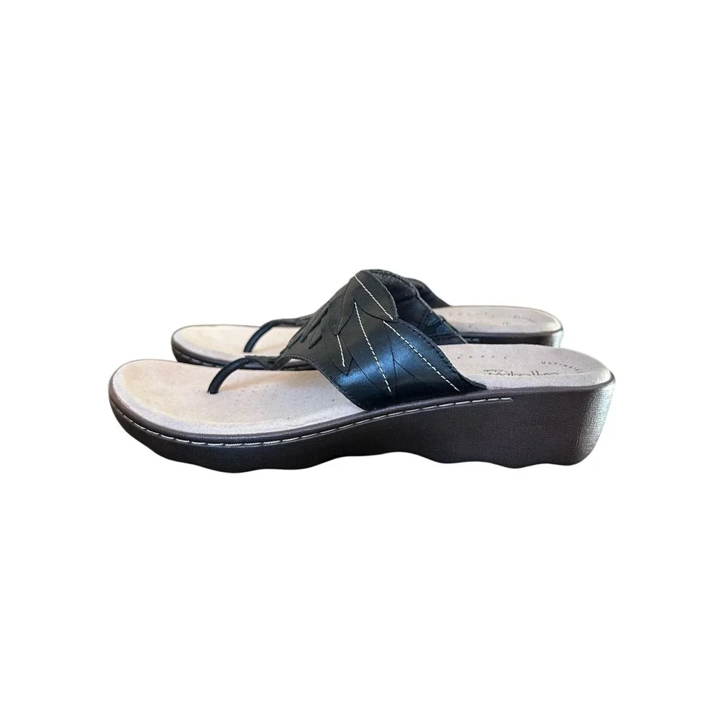 Clarks Collection Women Black Leather Wedge Thong Flip Flop Sandals‎ Size 11